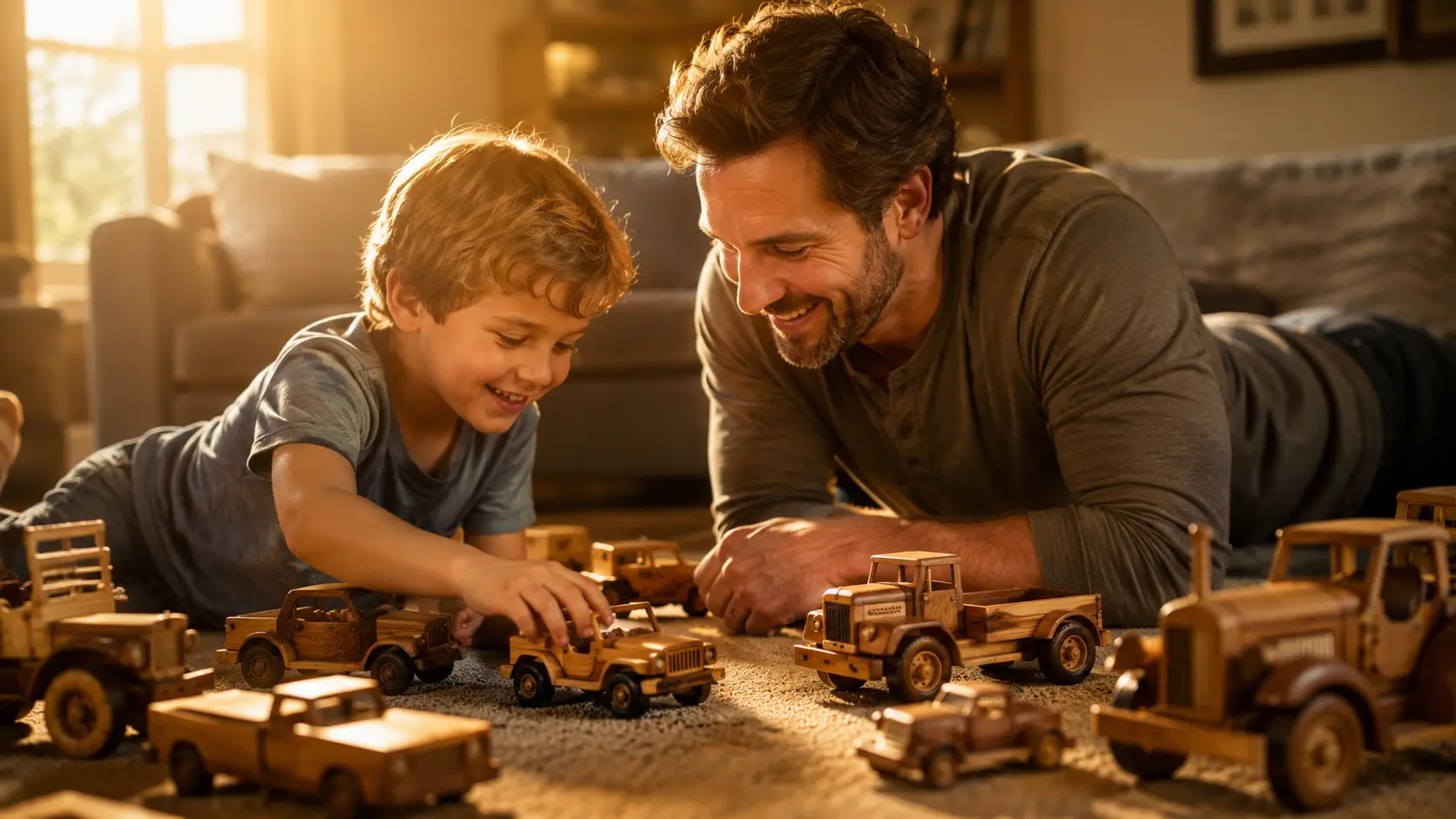 Father and son building wooden toy cars together